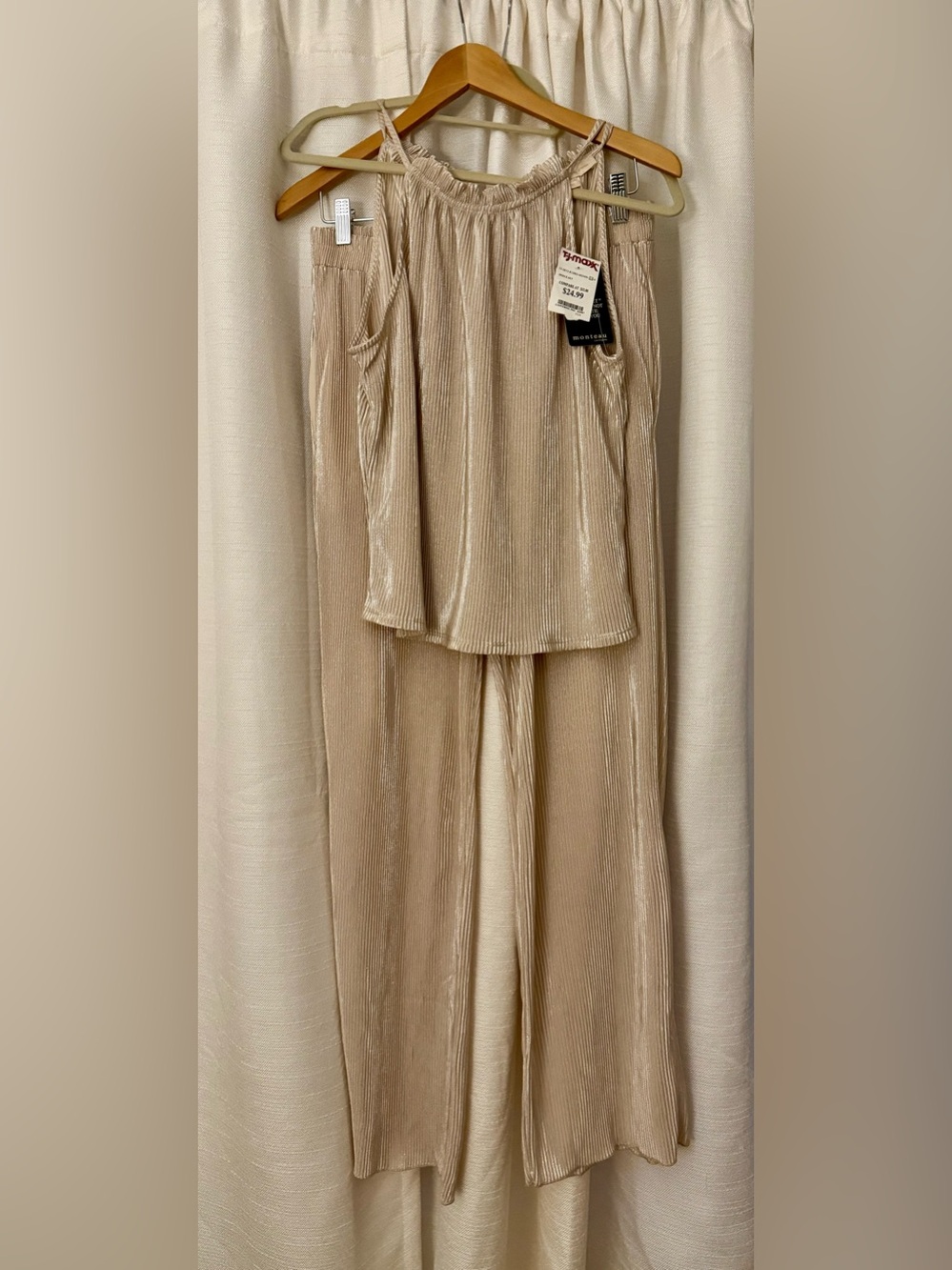 Monteau champagne Metallic Pleated Pantsuit Set